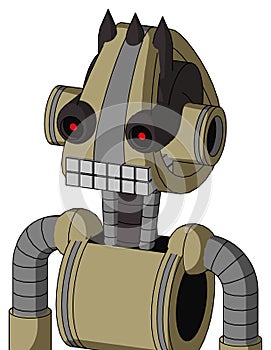 Army-Tan Automaton With Droid Head And Keyboard Mouth And Black Glowing Red Eyes And Three Dark Spikes