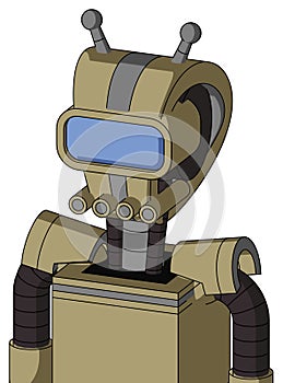 Army-Tan Automaton With Droid Head And Pipes Mouth And Large Blue Visor Eye And Double Antenna