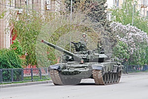 An army tank during a dress rehearsal of a military parade in honor of Victory Day in Volgograd