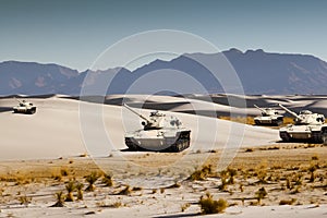 Army tanks maneuver in the white desert sand