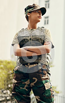 Army, thinking and arms crossed with a confident woman in uniform for safety, service or patriotism Military, idea and a