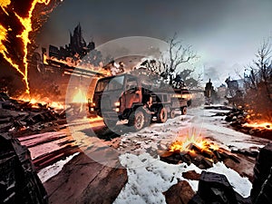 Army truck in comic book style in war zone with flames and explosions