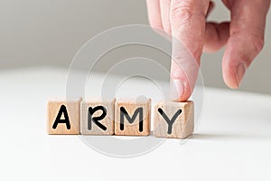 army. Wooden letters on the office desk, informative and communication background