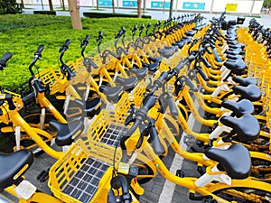 Army of Yellow Shared Bicycles from Meituan which can be paid by WeChat in China