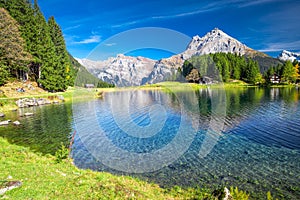 Arnisee lake with Swiss Alps. Arnisee is a reservoir in the Canton of Uri, Switzerland