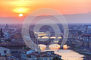 Arno and Ponte Vecchio at sunset, Florence, Italy