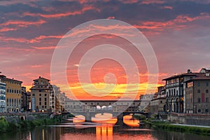 Arno and Ponte Vecchio at sunset, Florence, Italy