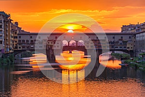 Arno and Ponte Vecchio at sunset, Florence, Italy