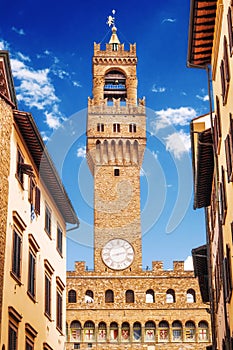 Arnolfo`s tower, part of Palazzo Vecchio The Old Palace on Piazza della Signoria, Florence photo