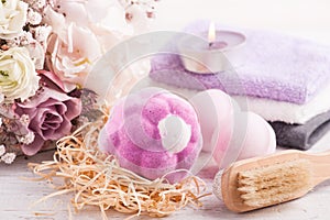 Aroma bath bombs with pink purple bouquet