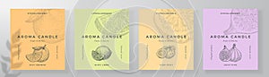 Aroma candle label design templates set. Scented air freshener product sticker mockup backgrounds collection Fruit