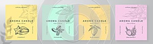 Aroma candle label design templates set. Scented air freshener product sticker mockup backgrounds collection Fruit scent