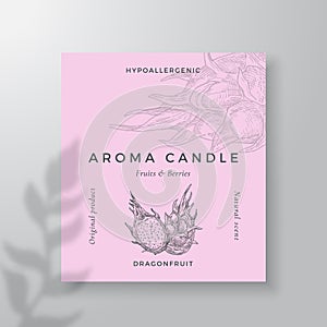 Aroma candle vector label template. Dragon fruit scent from local purveyors advert design Ink style sketch background