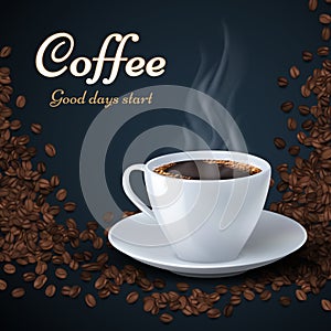 Aroma coffee beans and cup of hot coffee. Product ads vector background