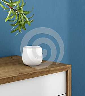Aroma diffuser atanding on the table in living room. Ultrasonic humidifier. 3d illustration