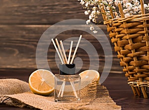 Aroma diffuser, lemon composition  boards   freshharmony   aromatic on a wooden background relaxation
