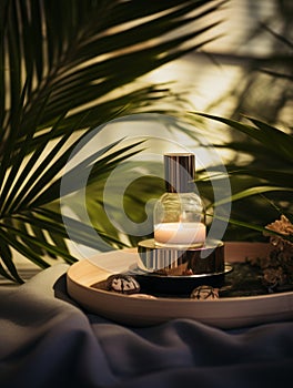 Aroma diffuser perfume and candles. Cozy home decor and aromatherapy. Relaxing atmosphere for joga or hygge lifestyle