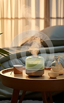 Aroma diffuser perfume and candles. Cozy home decor and aromatherapy. Relaxing atmosphere for joga or hygge lifestyle