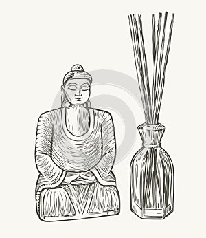 Aroma diffuser with sticks sketch. Aromatherapy vintage vector illustration