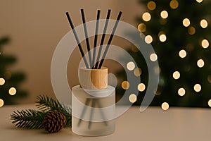 aroma diffuser with winter pine decor in modern christmas holiday interior scene