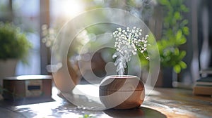 Aroma humidifier therapeutic home device. Essential aroma oil diffuser on the table, nearby mint leaves, green