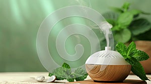 Aroma humidifier therapeutic home device. Essential aroma oil diffuser on the table, nearby mint leaves, green