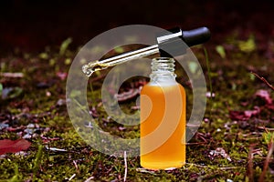 Aroma oil bottle with removed dropper, wild nature background. Biophilic eco design. Mockup, banner, poster. Orange frosted vial