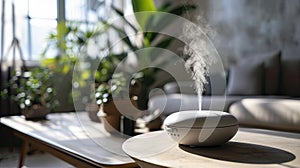 Aroma oil diffuser on table in modern home, steam rising from diffuser, background of a soft white wall and green plants