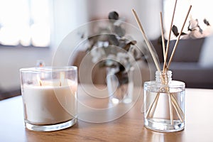 Aroma reed diffuser, burning candle and perfume