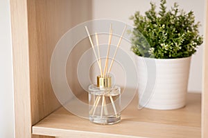 Aroma reed diffuser and pot flower on wooden shelf