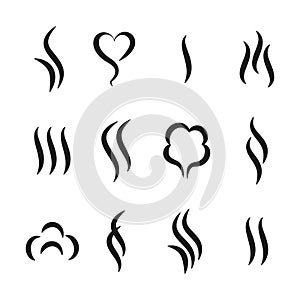 Aroma steam icons. Warm vapour and cooking smell abstract symbols, aroma water and oil odor. Vector tea and coffee smell photo