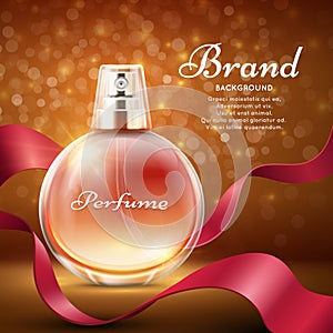 Aroma sweet perfume with red silk ribbon romantic gift vector background