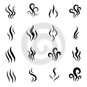 Aromas, smell vaporize icon. Outline symbols smoke, cooking steam odour, fume of flame. Hot aroma odors signs set. Wave of stench photo