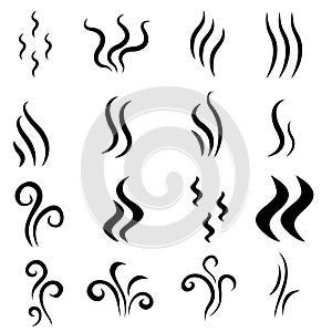Odore odore icona. contorno simboli fumo cucinando vapore odore fumo da fiamma. caldo francobolli impostato. onda da 