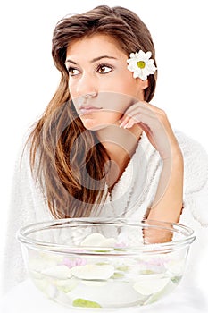 Aromatherapy bowl and brunette woman
