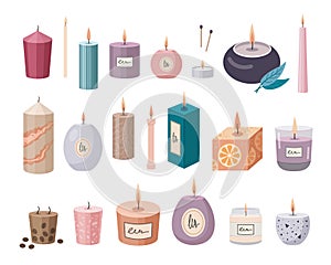 Aromatherapy burning candles set. Various candles isolated on white background. Hand drawn Vector illustration