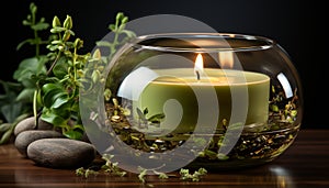 Aromatherapy candle burning, flame illuminates tranquil spa treatment generated by AI