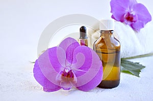 Aromatherapy concept with essential oil bottle, dropper, and orchid flowers.