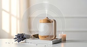 Aromatherapy Diffuser with Lavender and Candle on White Tray