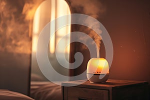 aromatherapy diffuser on riser, warm lighting, foggy mirror