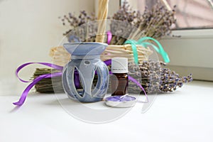 Aromatherapy, essential oil and lavender flowers