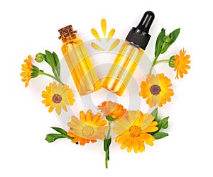 Aromatherapy essential oil with marigold flowers isolated white background