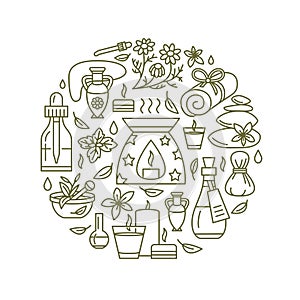 Aromatherapy and essential oils brochure template, circle poster. Vector line illustration of aroma therapy diffuser