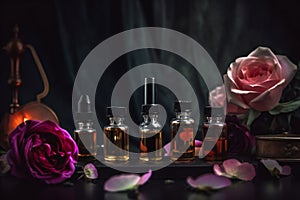 Aromatherapy essential oils with fresh roses