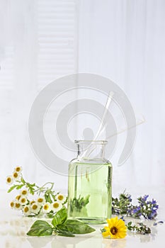Aromatherapy Fresh green plant and flowers botle of essential oil