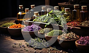 Aromatherapy, herbs, flowers and bottles of essential oil on a wooden background.