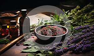 Aromatherapy, herbs, flowers and bottles of essential oil on a wooden background.