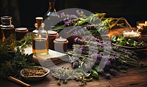 Aromatherapy, herbs, flowers and bottles of essential oil on a wooden background.