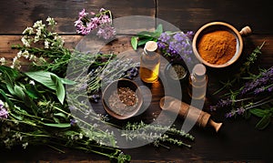 Aromatherapy, herbs, flowers and bottles of essential oil on a wooden background.