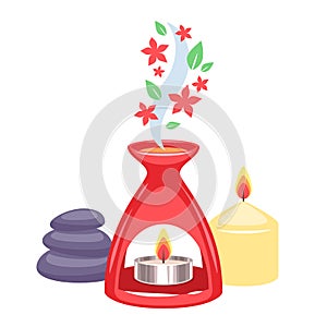 Aromatherapy illustration with oil burner and candle.